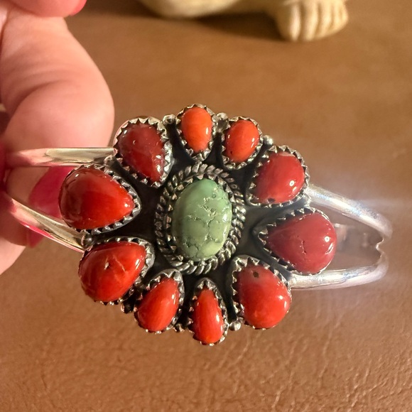 Beautifully Crafted Coral and Green Turquoise Cuff Bracelet 
Sterling Silver - Picture 7 of 7